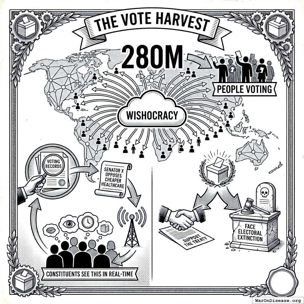 Wishocracy: people vote on what they want, app tells politicians, politicians see the votes are real, politicians reconsider their donors. Democracy by app because democracy by government stopped working.