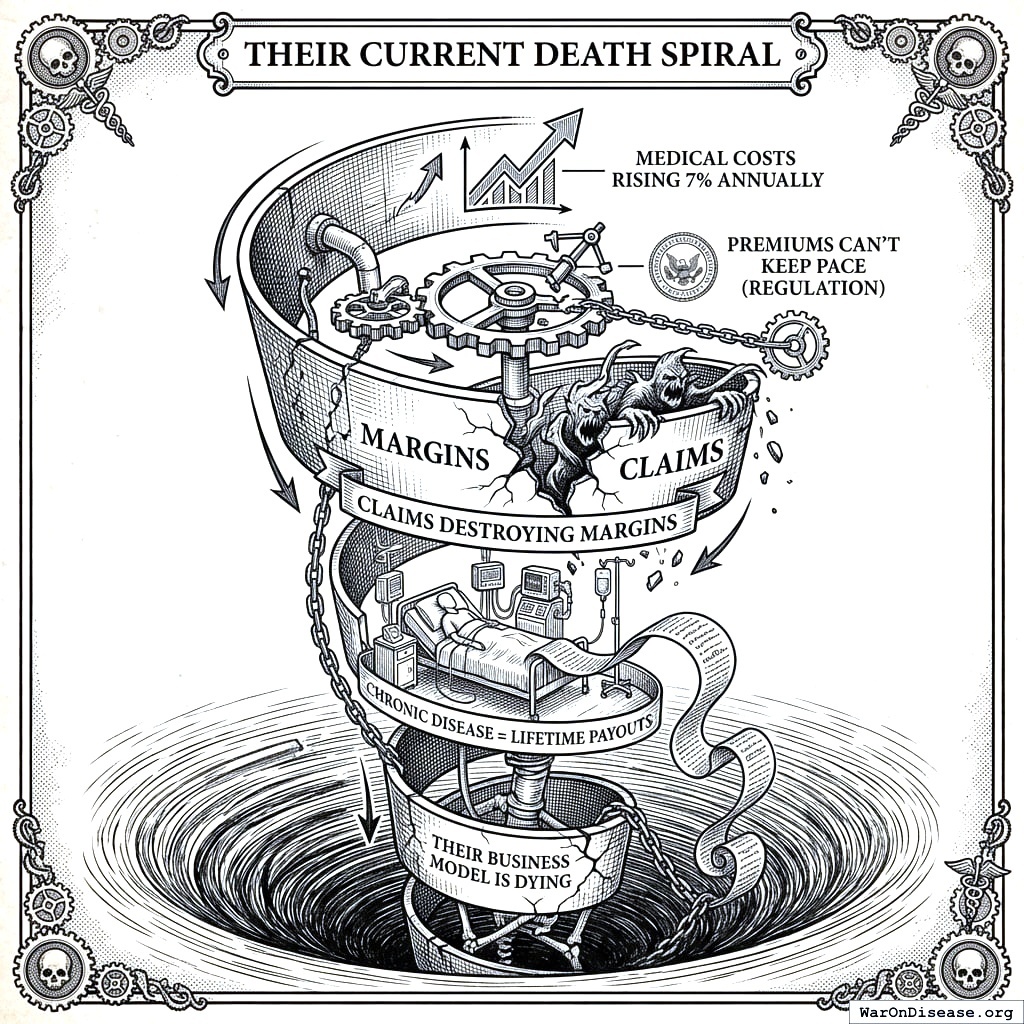 The insurance death spiral. Costs go up, premiums go up, healthy people leave, costs go up more. Like a toilet flush but with your healthcare.