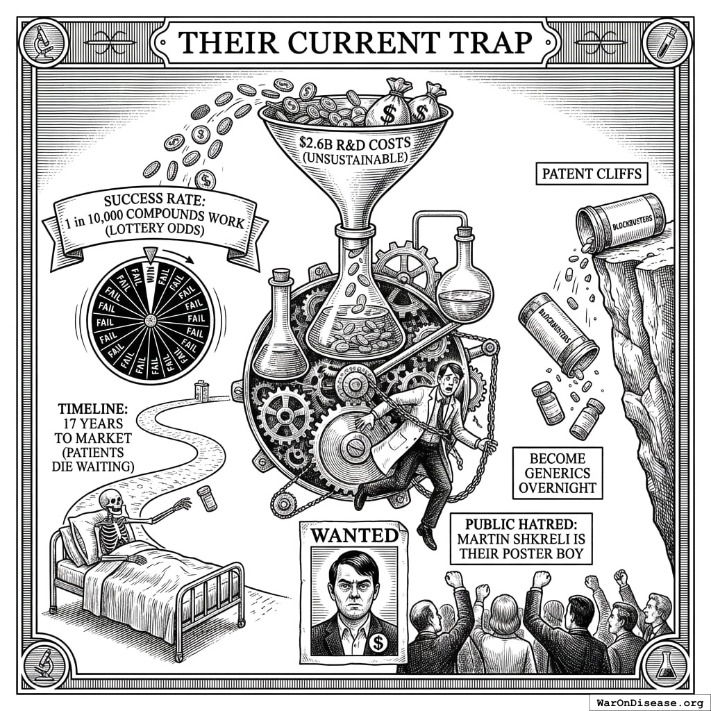 The Pharma Trap: test 10,000 chemicals for 17 years, spend 2.6 billion dollars, get one medicine. It’s like panning for gold in a pile of poison.