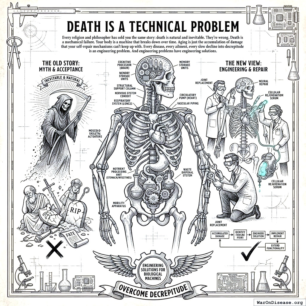 Your body fixes itself constantly. When the damage happens faster than the fixes, you call it aging. When it stops happening at all, you call it dying.