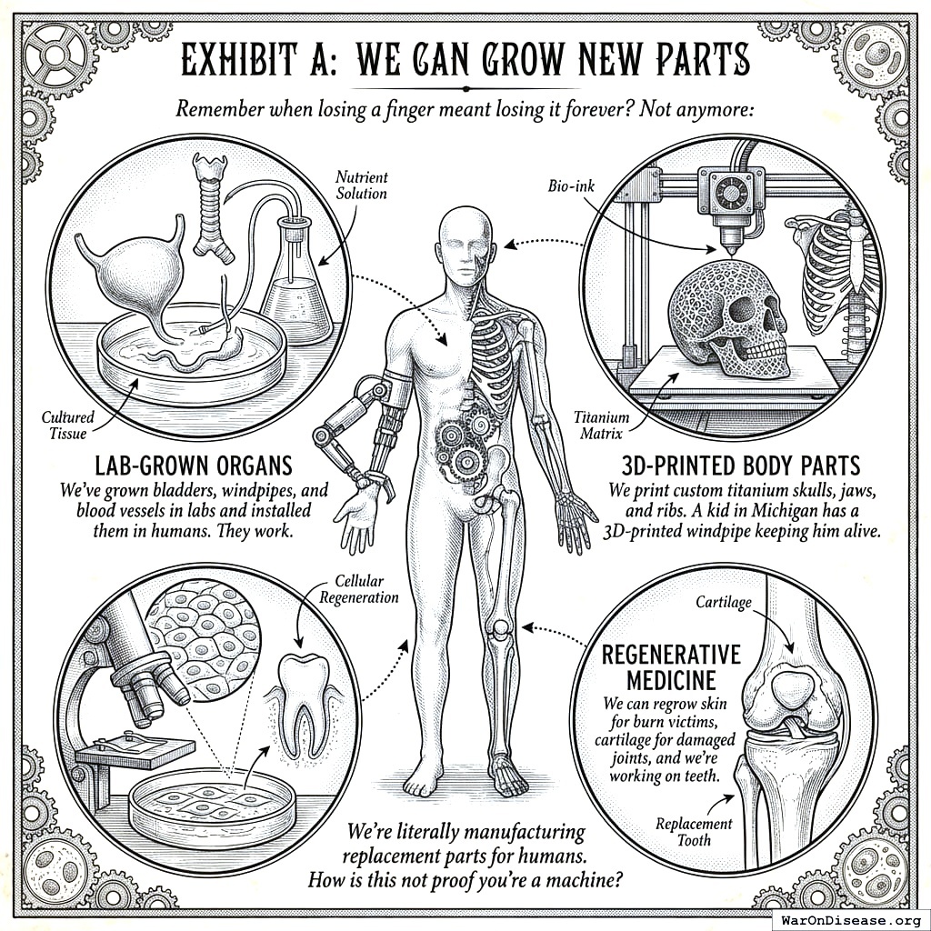 Titanium skull. Printed windpipe. Lab-grown bladder. You’re already a cyborg, just made of disappointing organic materials instead of cool robot parts.