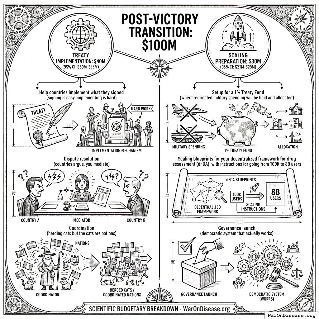 After you win, you need $100 million to actually implement the treaty. You might think winning is the expensive part. Turns out making people stop killing each other is the affordable bit. Getting them to start saving each other costs extra.