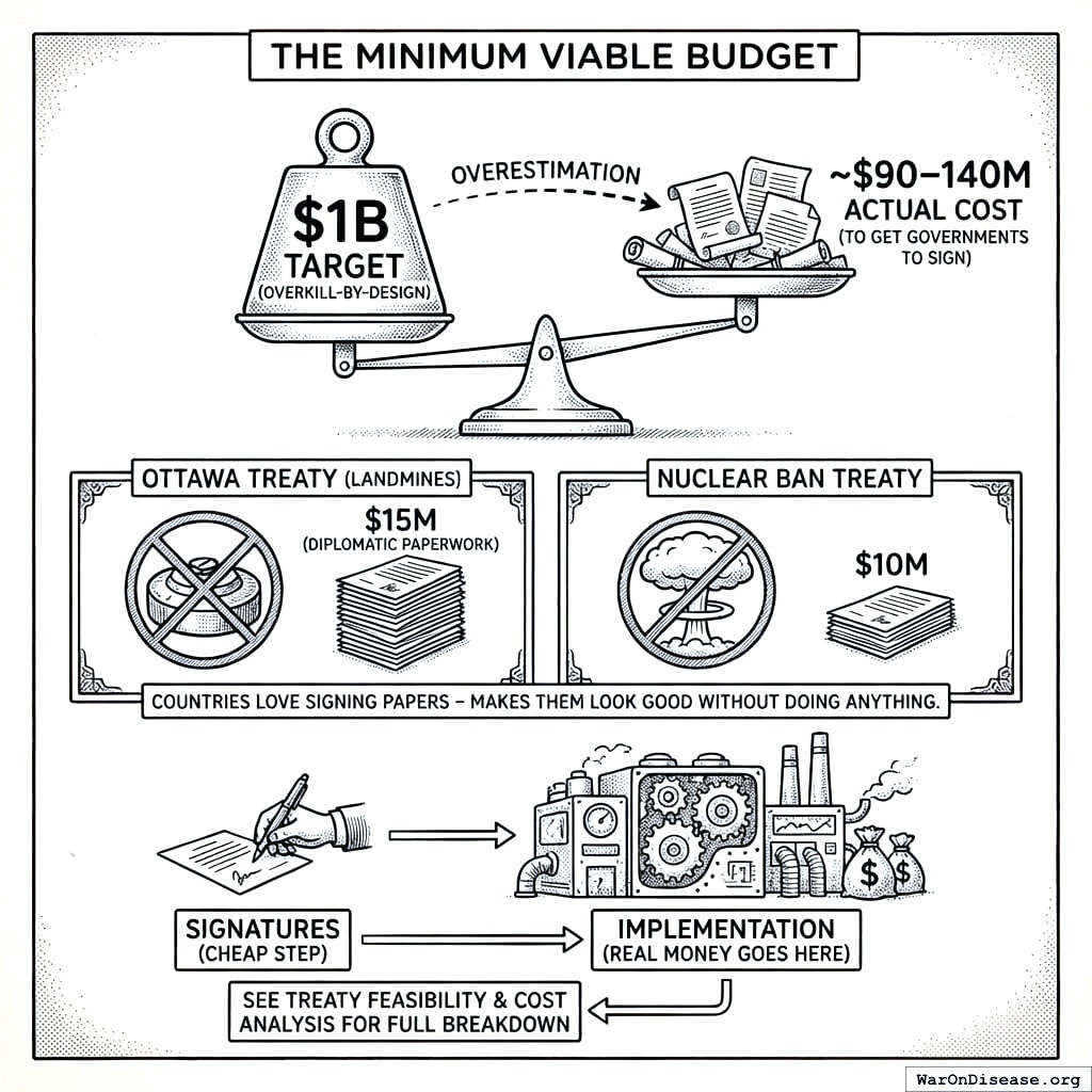 Banning landmines cost $15 million. Banning nuclear weapons cost $10 million. Redirecting 1 percent of military spending to save billions of lives costs $1 billion. Apparently the price goes up when you’re not just stopping murder, you’re actively choosing life.