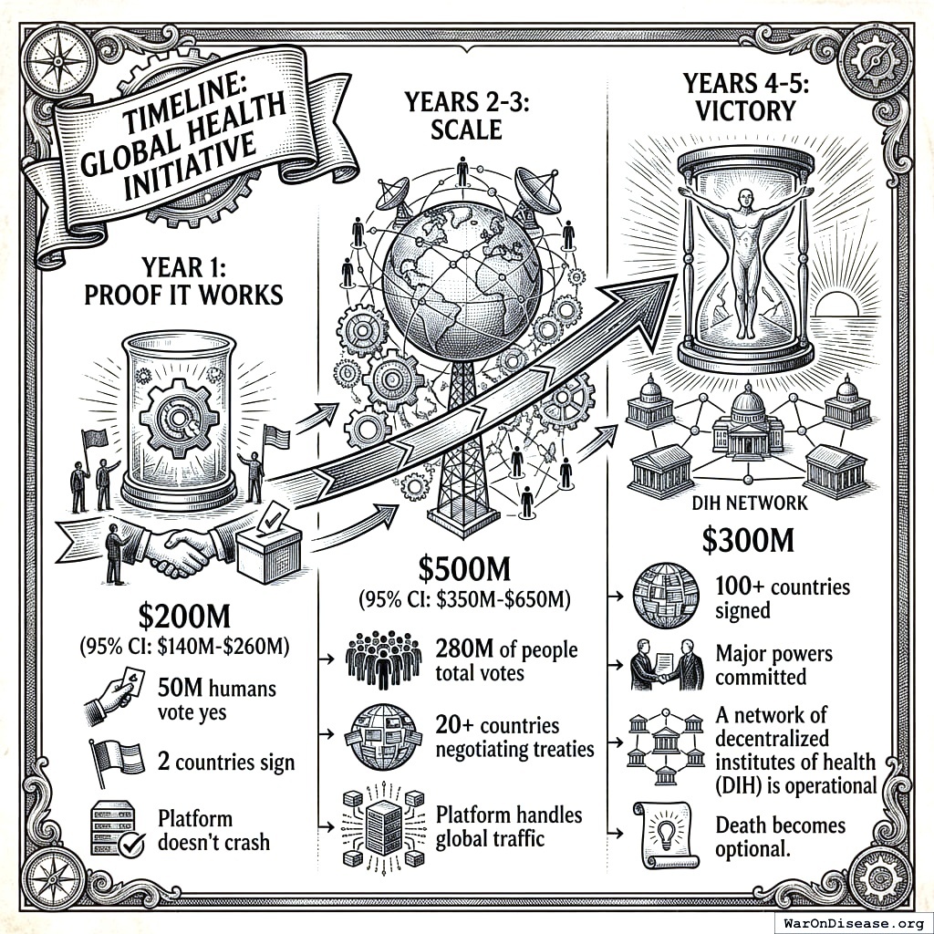 Five-year timeline from proof-of-concept to global implementation. Year 1: ‘Maybe this works.’ Year 5: ‘Billions of people not dying.’ You’ve had faster rollouts for social media apps that make teenagers depressed.