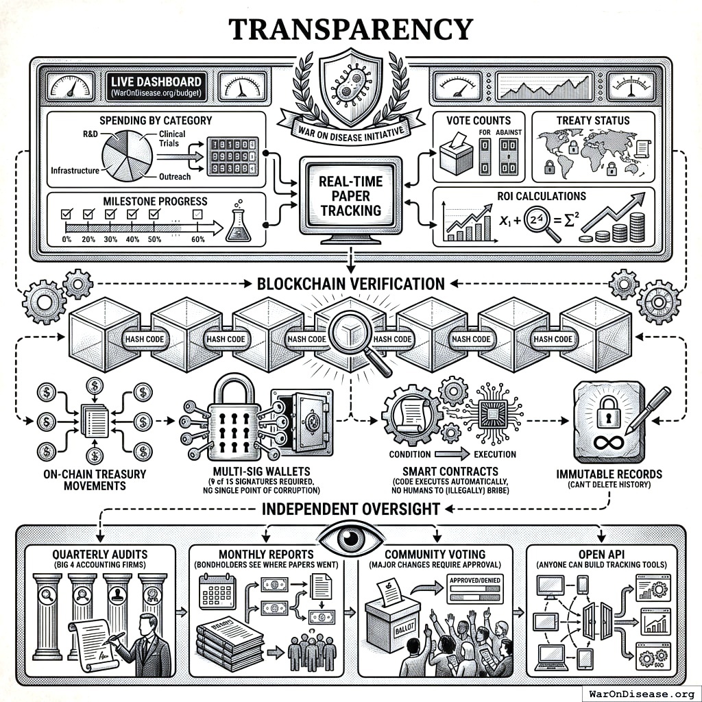 Blockchain data, multi-signature treasury, independent audits, public dashboard. You can watch every dollar in real time. Unlike your current military budget, where money goes in and sometimes a helicopter comes out and nobody’s sure about the middle bit.
