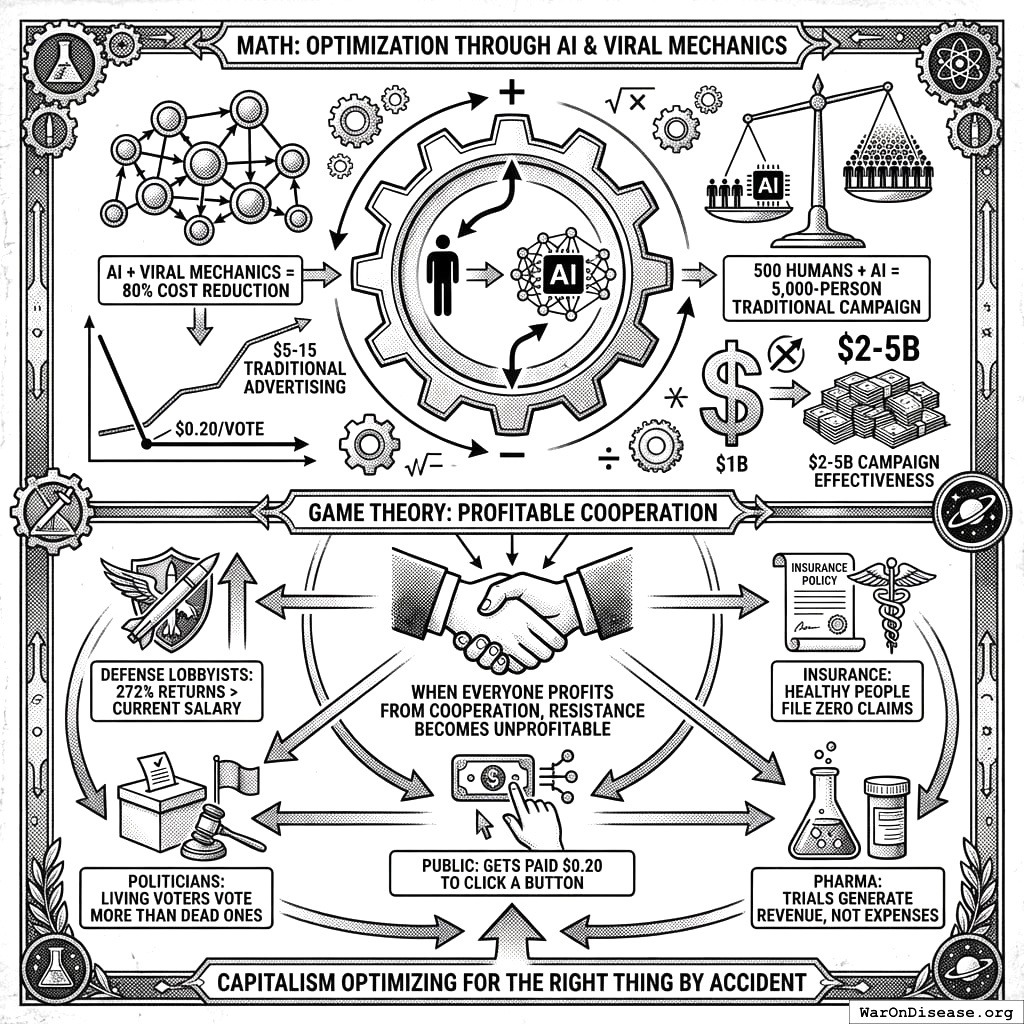 AI campaigns are cheaper than traditional advertising. Everyone benefits: lobbyists get paid, industry gets paid, public doesn’t die. It’s almost like aligning incentives works. Who knew? Besides every economist since Adam Smith, obviously.