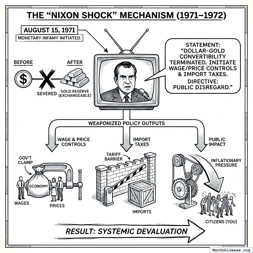 Nixon cuts dollar from gold, freezes wages and prices, taxes imports. All at once. On television.