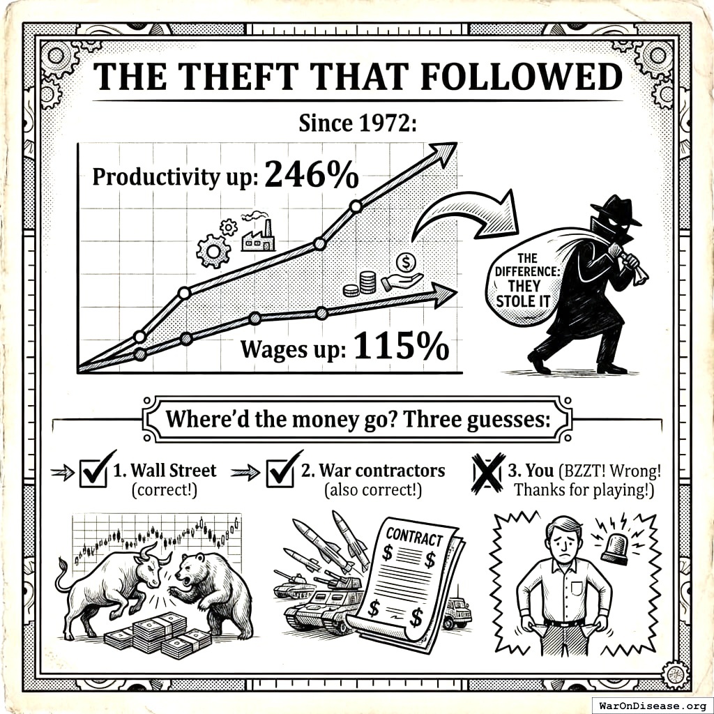 Since 1972, productivity went up 246 percent. Wages went up 115 percent. Someone kept the difference.