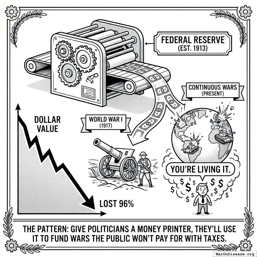 Create Federal Reserve. Print money for wars. Dollar loses value. Fight more wars. Print more money. Nobody stops.