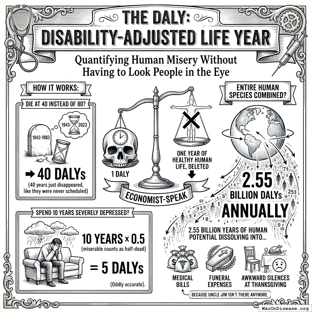 DALYs measure healthy years lost. Dying at 30 instead of 80 loses 50 years. Living 50 years in a wheelchair at 50% capacity loses 25 years. The math is simple. Fixing it is apparently hard.