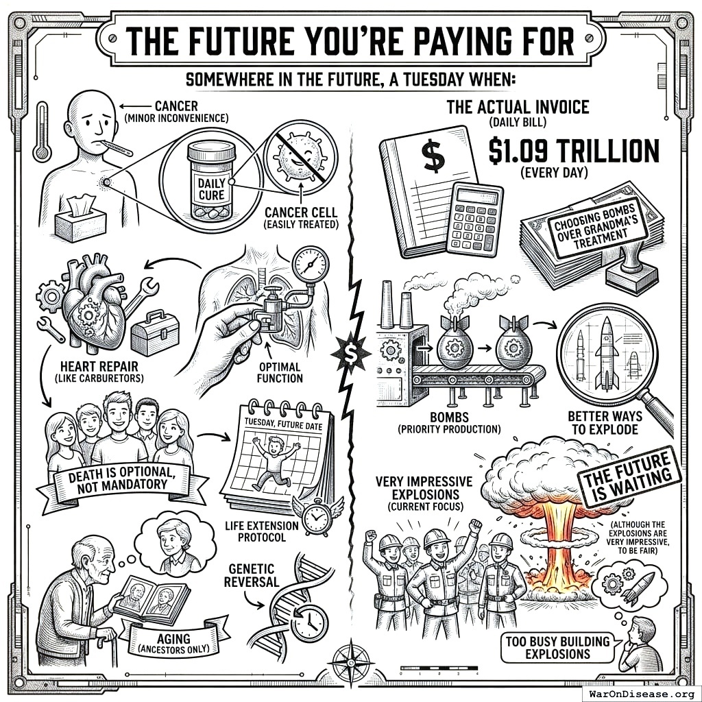 Every day of military spending delays the cancer cure by another day. It’s been delayed for 75 years now. The cancer is very patient.