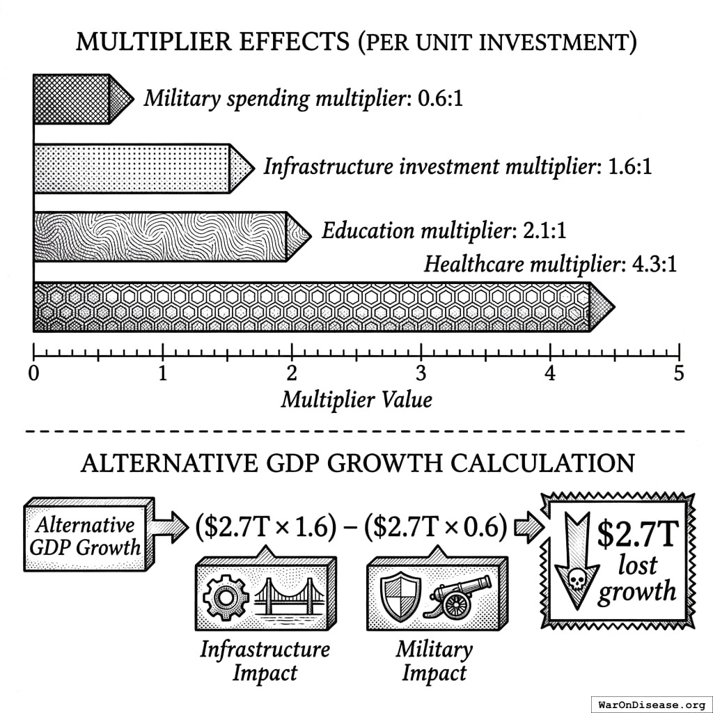 Healthcare returns 4.3x per dollar. Military returns 0.6x per dollar. You invested in the one that loses money because it has cooler explosions.