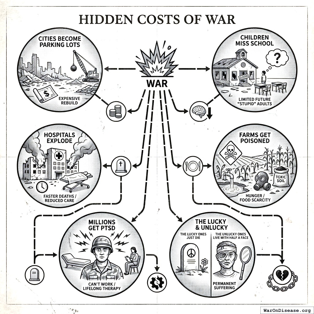 War destroys the hospital. Then there’s no hospital to treat the war wounds. Then people die of preventable diseases. Then the economy collapses. Then you have another war. It’s very efficient.