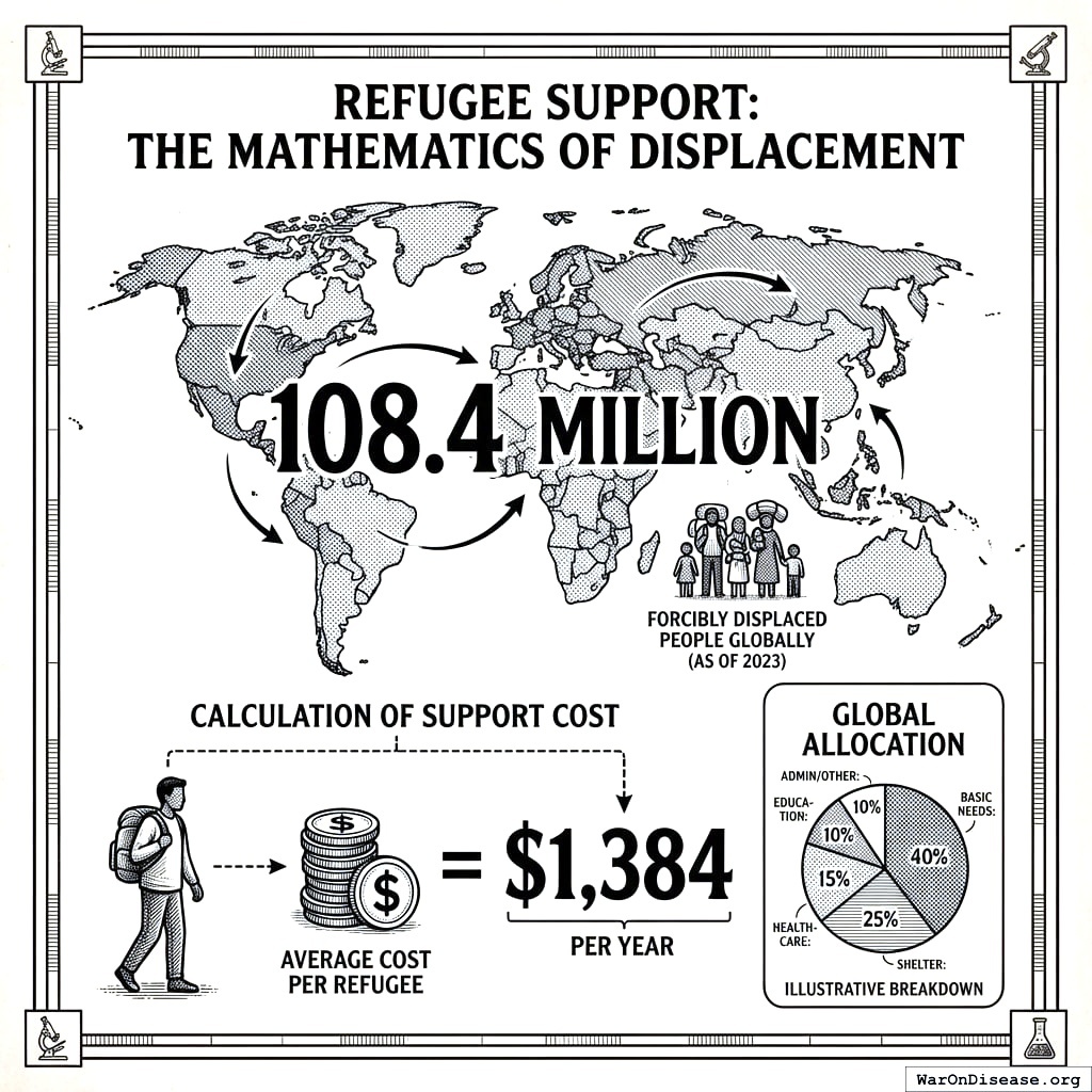 108.4 million refugees. $1,384 per person to house them. Total cost: less than three weeks of global military spending. You chose the missiles.