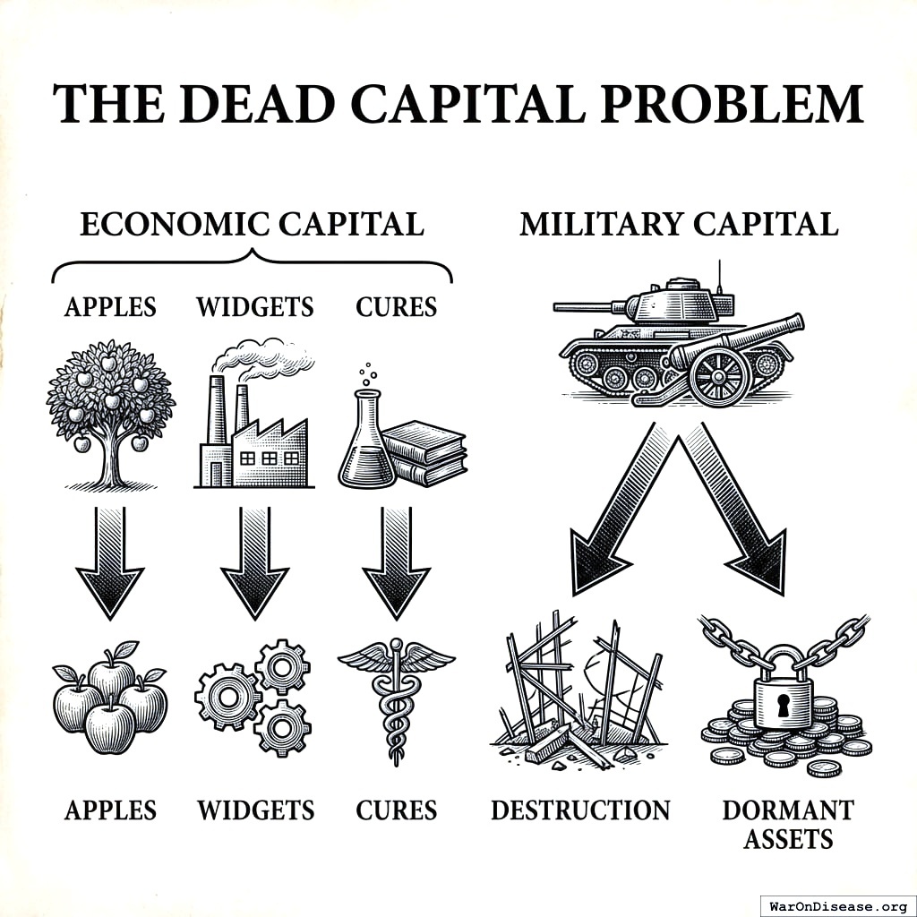 Normal investment: money becomes factories, factories make products, products make money. Military investment: money becomes bombs, bombs make rubble, rubble makes nothing. The budgets keep picking the second one.
