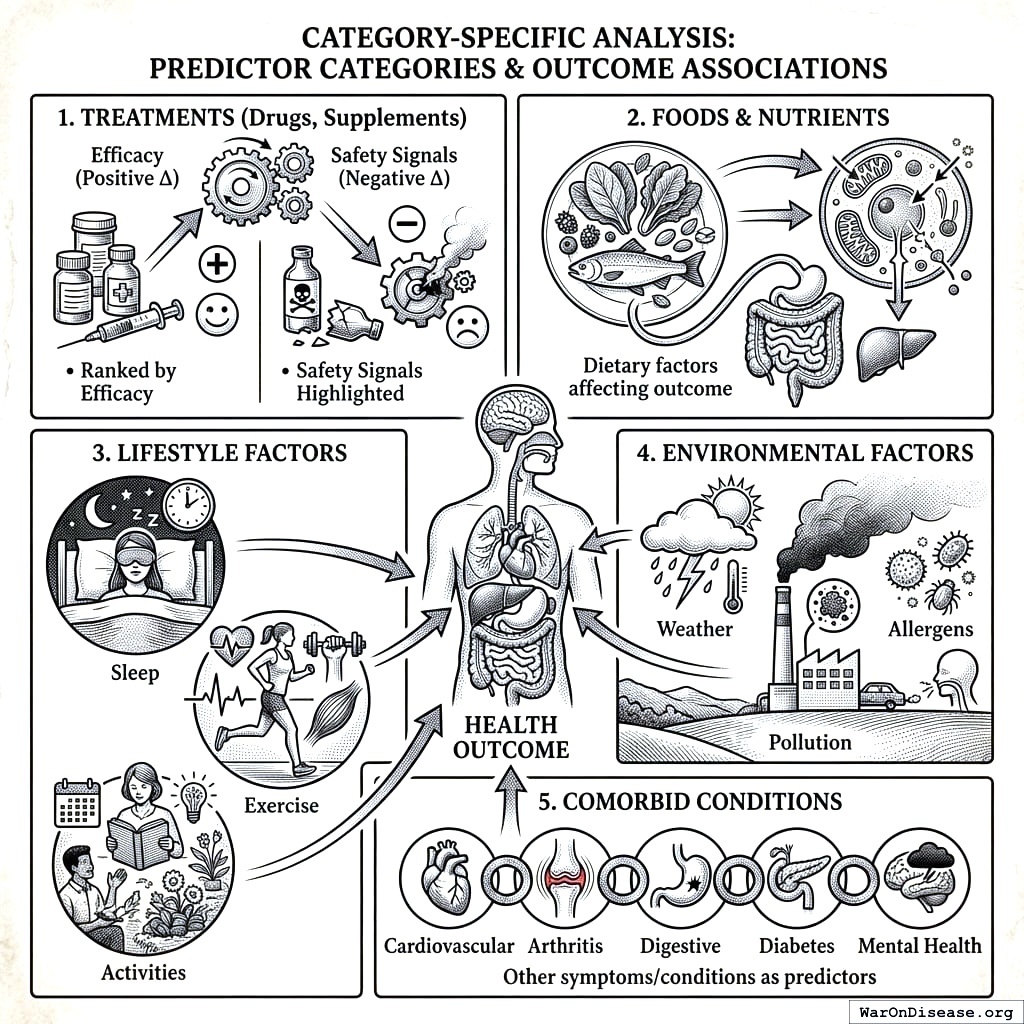 Five categories of things that affect your health: pills, food, habits, air, and other diseases you already have. Medicine filed everything into folders.