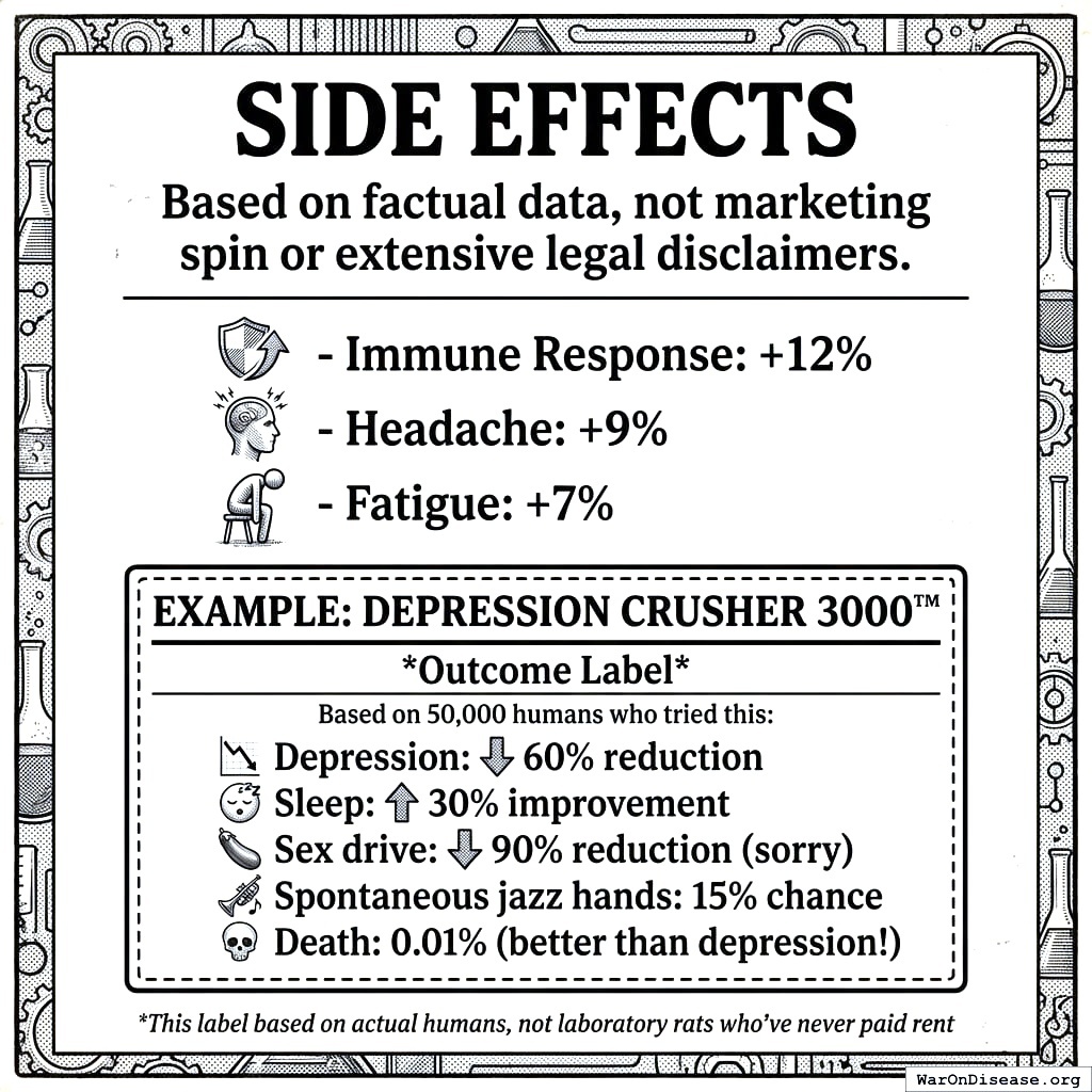 The Depression Crusher 3000. Improves your mood 60 percent, ruins your sex life 40 percent. Every medicine is a negotiation with your body.