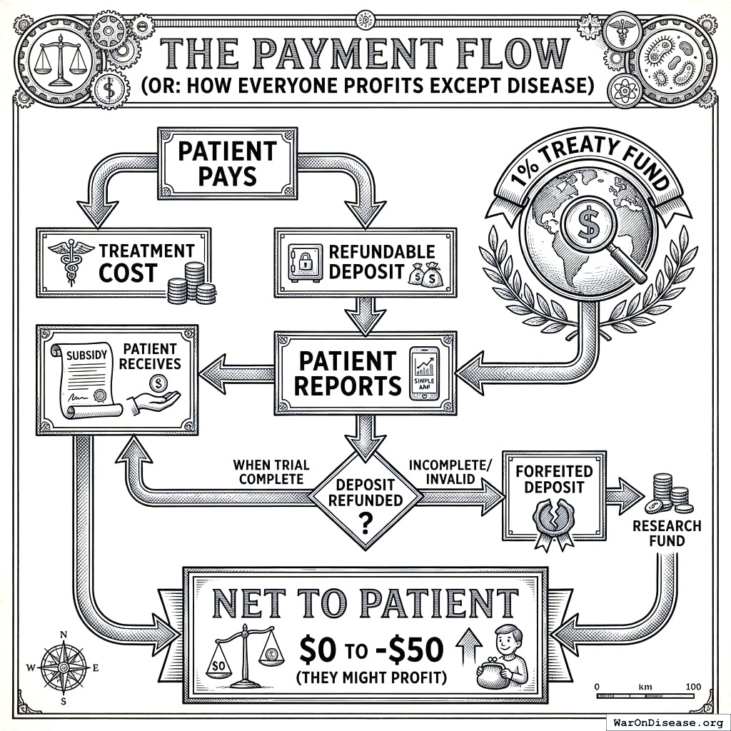 Money goes from patient to fund to patient to company to fund to patient. It’s a circle, like water cycle but for dollars.