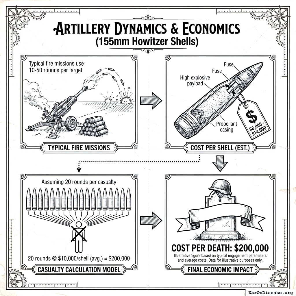 Twenty big shells at ten thousand dollars each equals two hundred thousand dollars per casualty. Artillery is expensive. Being on the receiving end is worse.