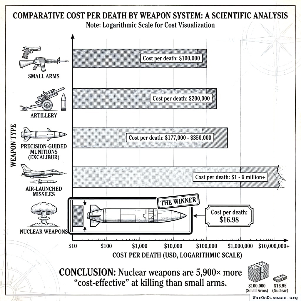 Conventional weapons: expensive per death. Nuclear weapons: so cheap per death that accountants get excited. The accountants should probably not get excited about this.