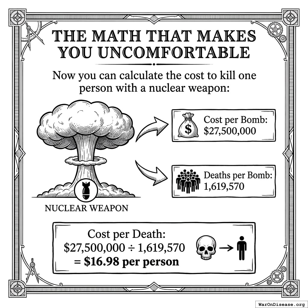 Nuclear weapons are extremely affordable per death. This is the worst possible way to measure value for money, but here we are, measuring it.