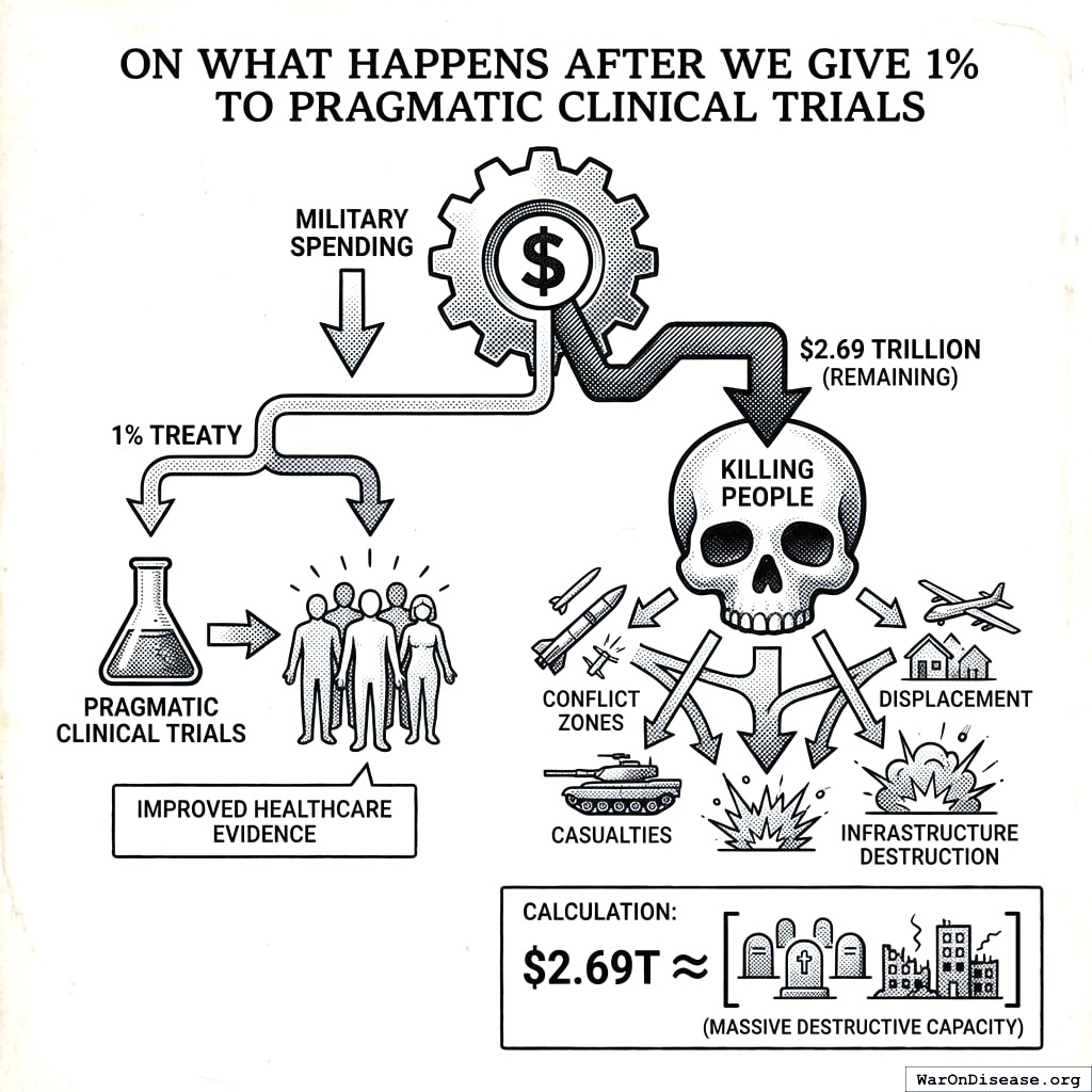 Tiny sliver: cure diseases. Massive remainder: prepare for war. The military keeps 99 percent. They’ll barely notice it’s gone, like losing one fry from a large order.