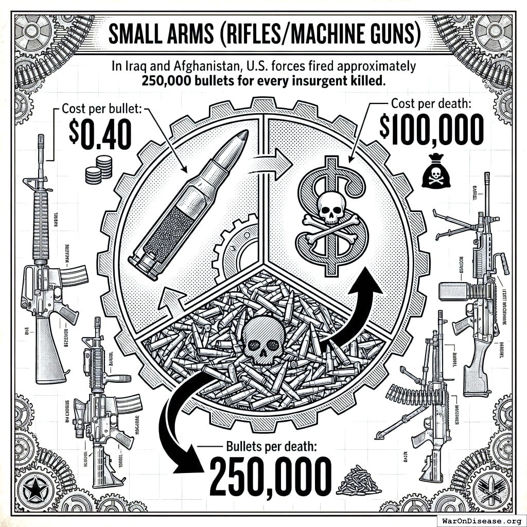 It takes 250,000 bullets to kill one person in modern warfare. This seems inefficient. At 40 cents each, that’s 100,000 per death. The bullets cost more than a house.