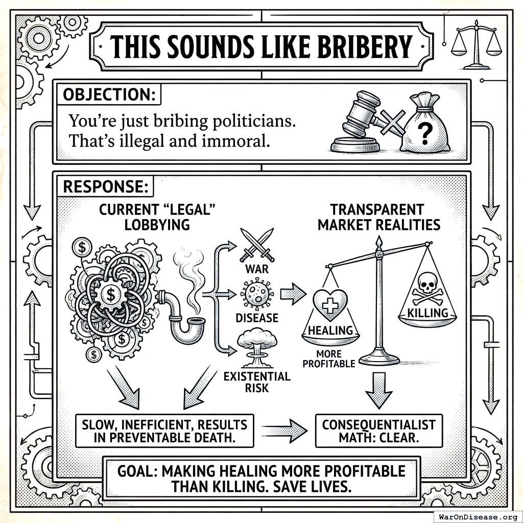Current lobbying: pay politicians, get wars. New lobbying: pay politicians, get cures. Same corruption, better outcome. It’s called optimization.