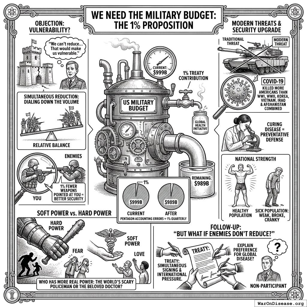 What 1 percent of military spending buys: fewer tanks, more cured diseases, and soft power. Turns out healthy people like you more than people you bombed.