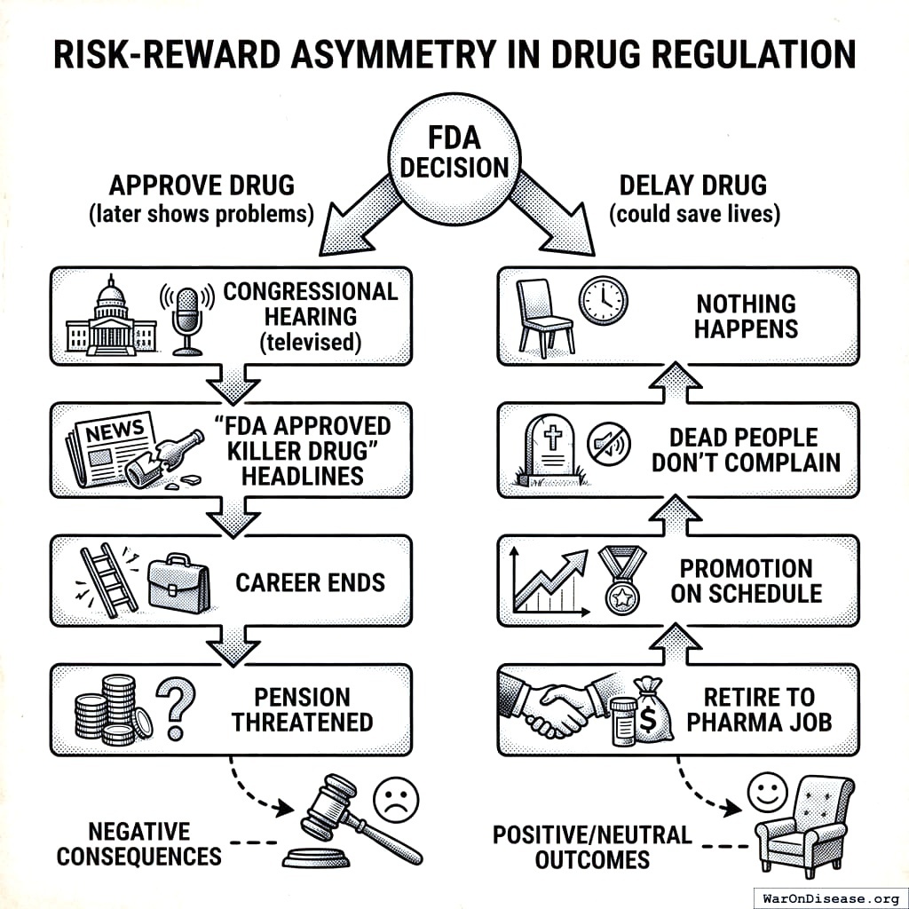 If a regulator approves a bad drug, CNN says their name. If they delay a good drug, nobody dies on television. So nobody dies on television.