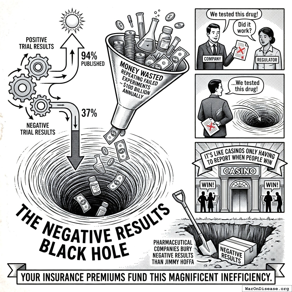 Drug companies publish successful trials and hide failed ones. Researchers then repeat the failures. This is called “reinventing the wheel,” except the wheel is on fire and nobody told you.