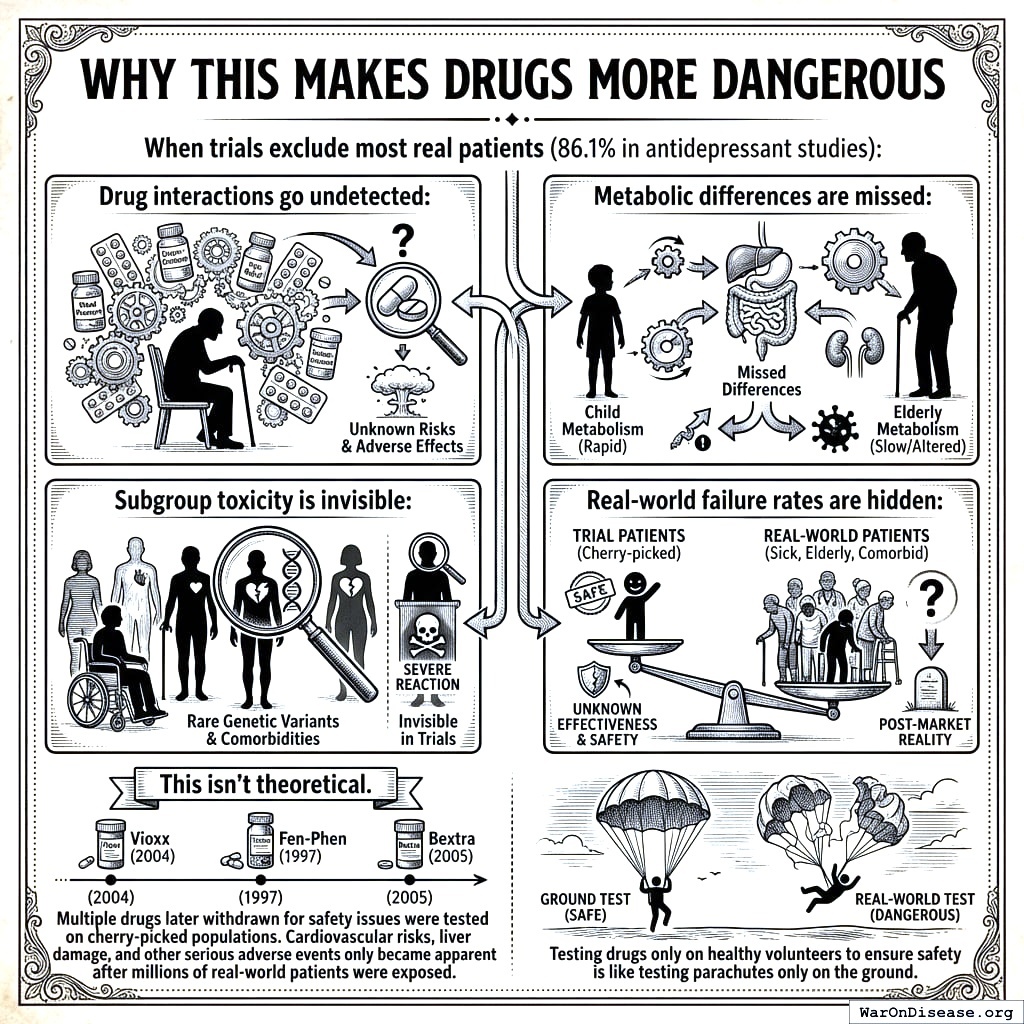 Drugs tested on healthy 25-year-olds. Prescribed to 80-year-olds on twelve medications. The system did not anticipate this would be a problem.