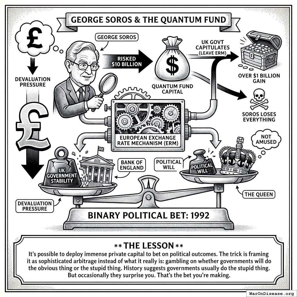 A diagram illustrating the binary outcomes of Soros’s high-stakes bet against the British Pound, showing the tension between private capital and government policy decisions.