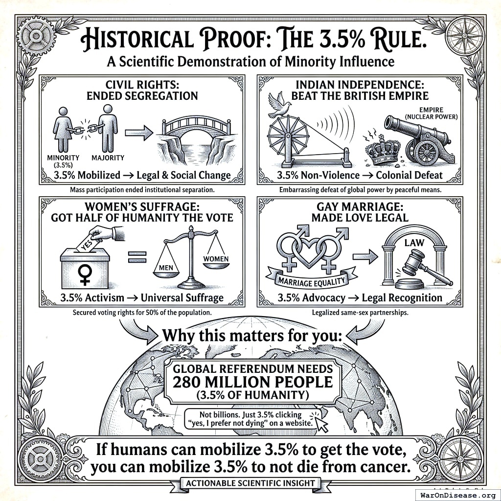 Gandhi’s independence movement, civil rights, women’s suffrage. All succeeded with 3.5 percent participation. That is the benchmark where political pressure starts becoming difficult to ignore. Math keeps being encouraging.