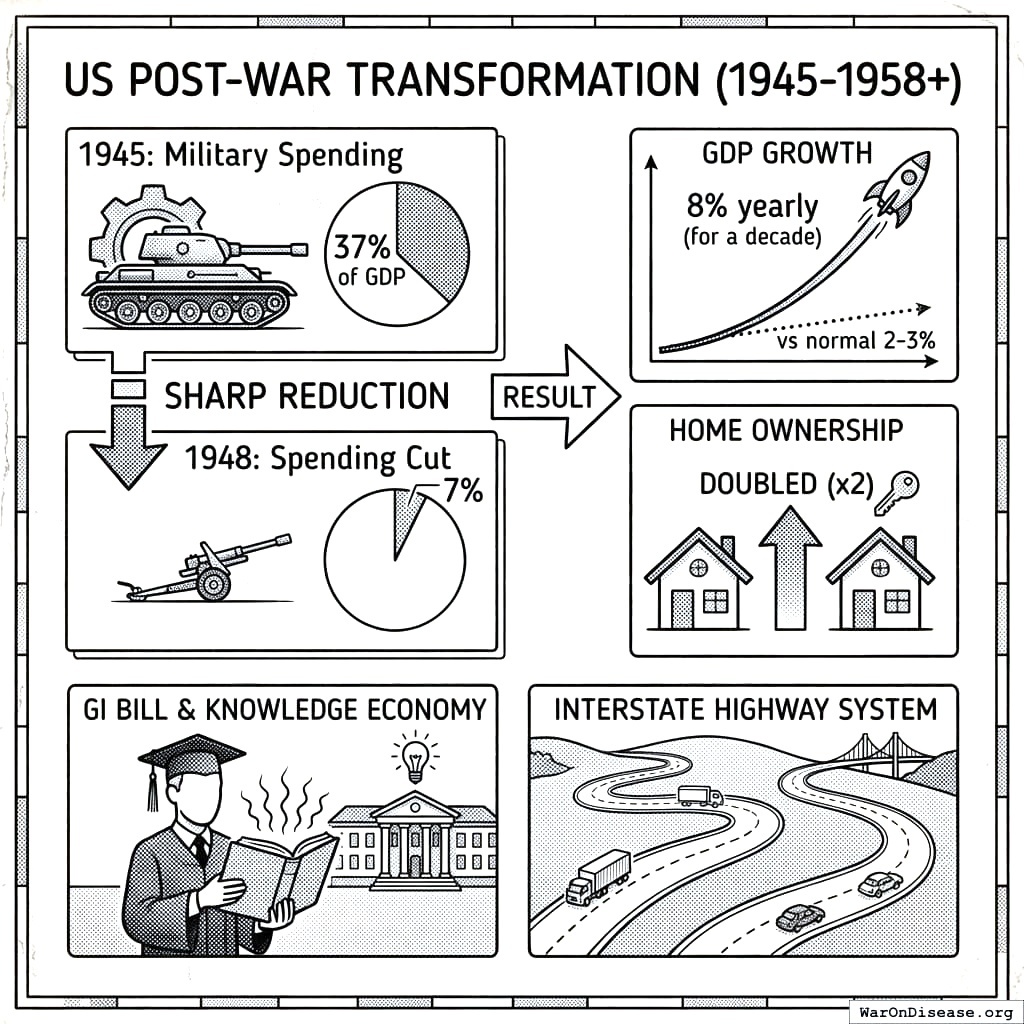 After World War II, America cut military spending by 90 percent and became the richest country on Earth. We learned absolutely nothing from this.