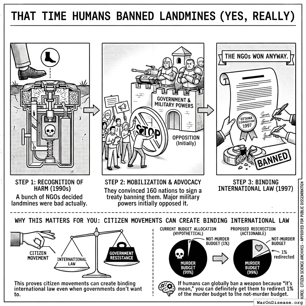Some activists with clipboards convinced 160 countries to ban landmines while America, Russia, and China said no. The landmines are still banned. Democracy works in mysterious ways.