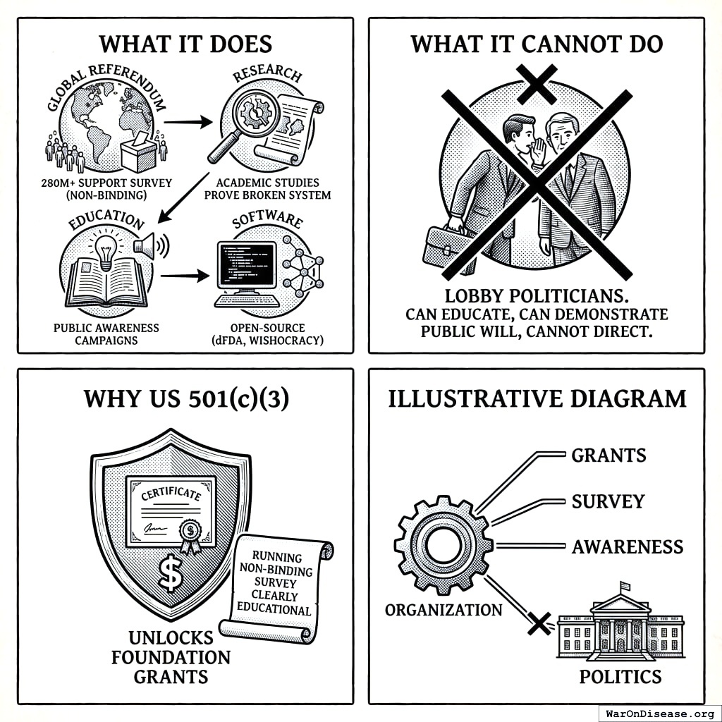 This organization does research and builds software. By law, it cannot lobby politicians. That’s what the other organization in the diagram does. They’re legally distinct but spiritually the same.