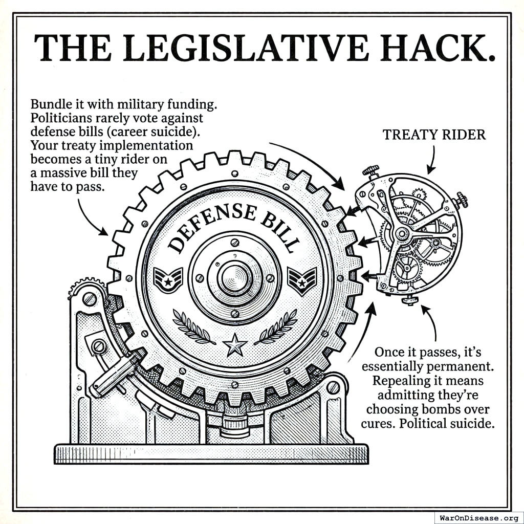 Hide peace treaty inside war bill. War bill always passes. Peace treaty becomes law. You hacked democracy using democracy.