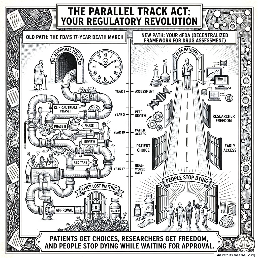 FDA process: slow, centralized, careful. Parallel Track: fast, decentralized, slightly less careful. One saves lives faster, the other saves careers.