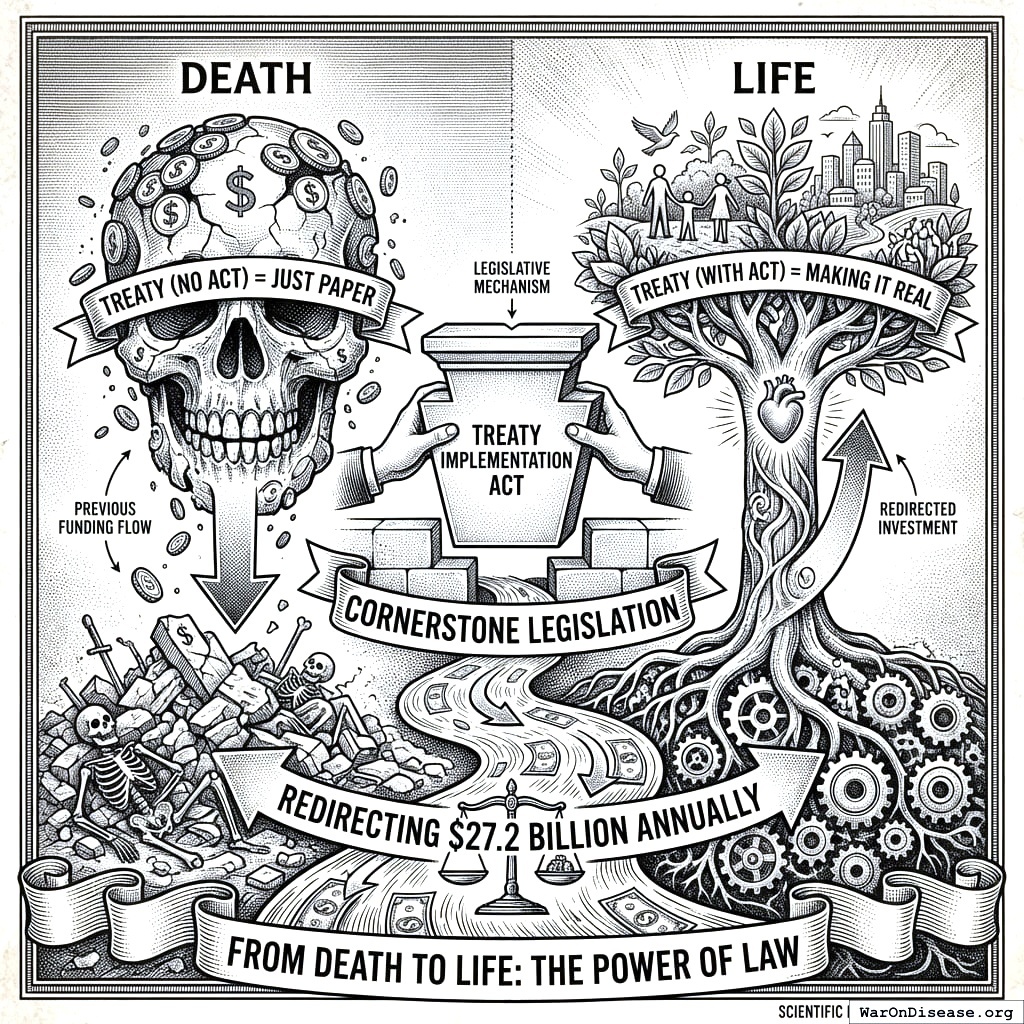 Paper treaty goes in, 27.2 billion comes out. From weapons to medicine. You built a money laundering machine for good.