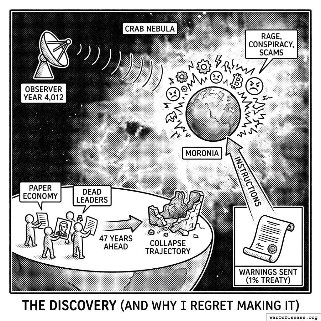 Earth is exactly 47 years behind Moronia. Like following someone off a cliff, but slower.