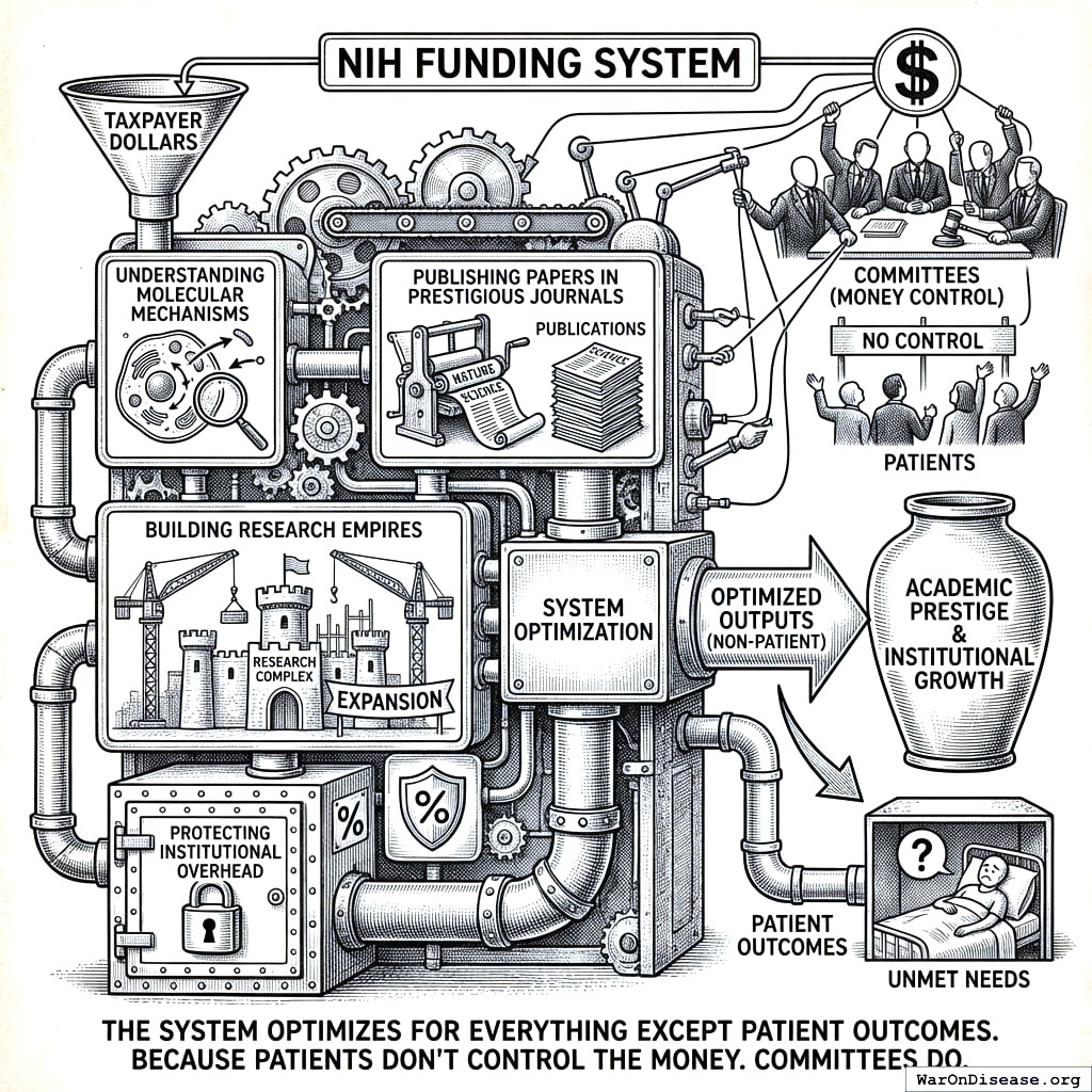 Money goes in. Papers come out. Patients wait in the middle. The loop is working perfectly at producing papers.