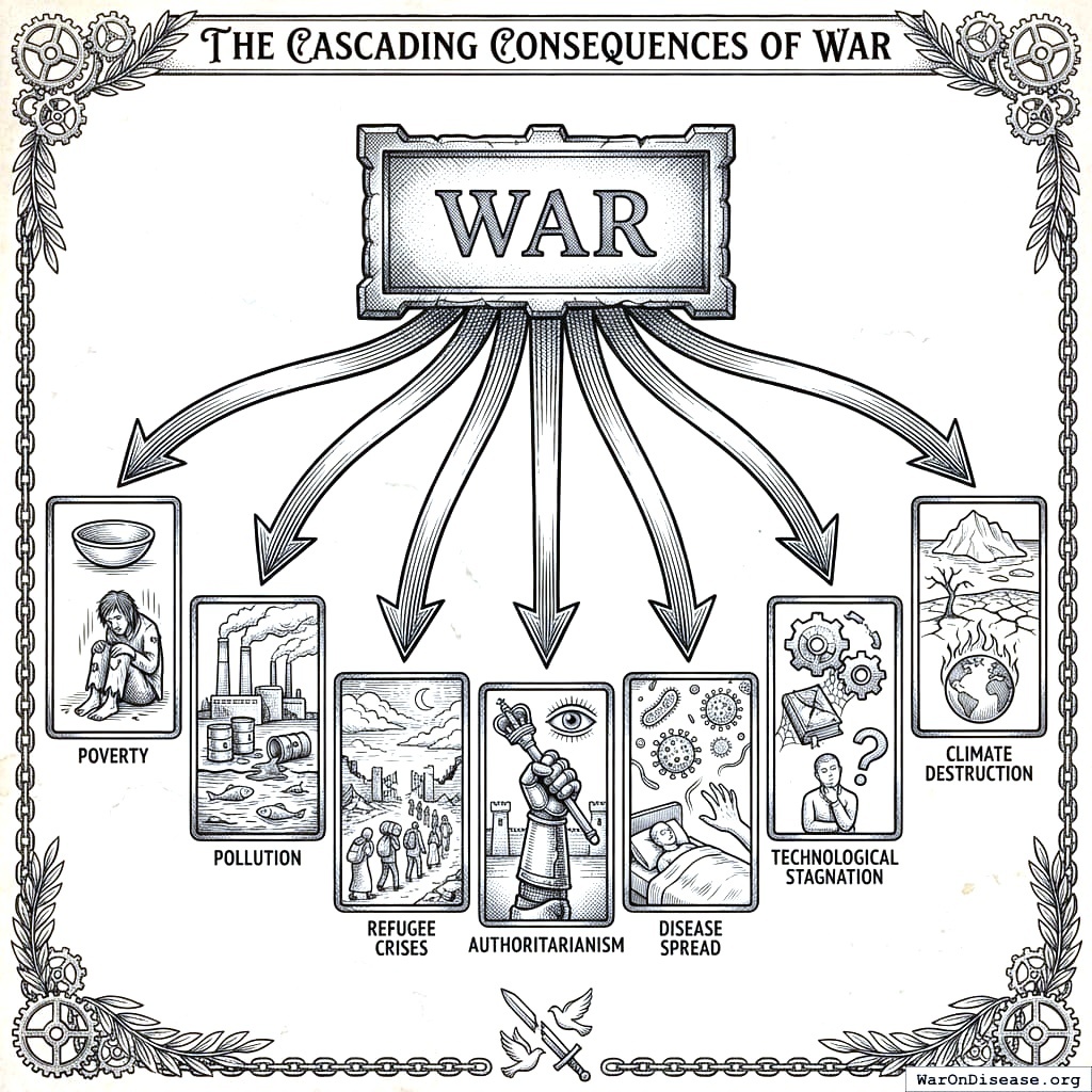 War causes poverty, climate collapse, and disease. Humans look at diagram, nod knowingly, increase war budget.