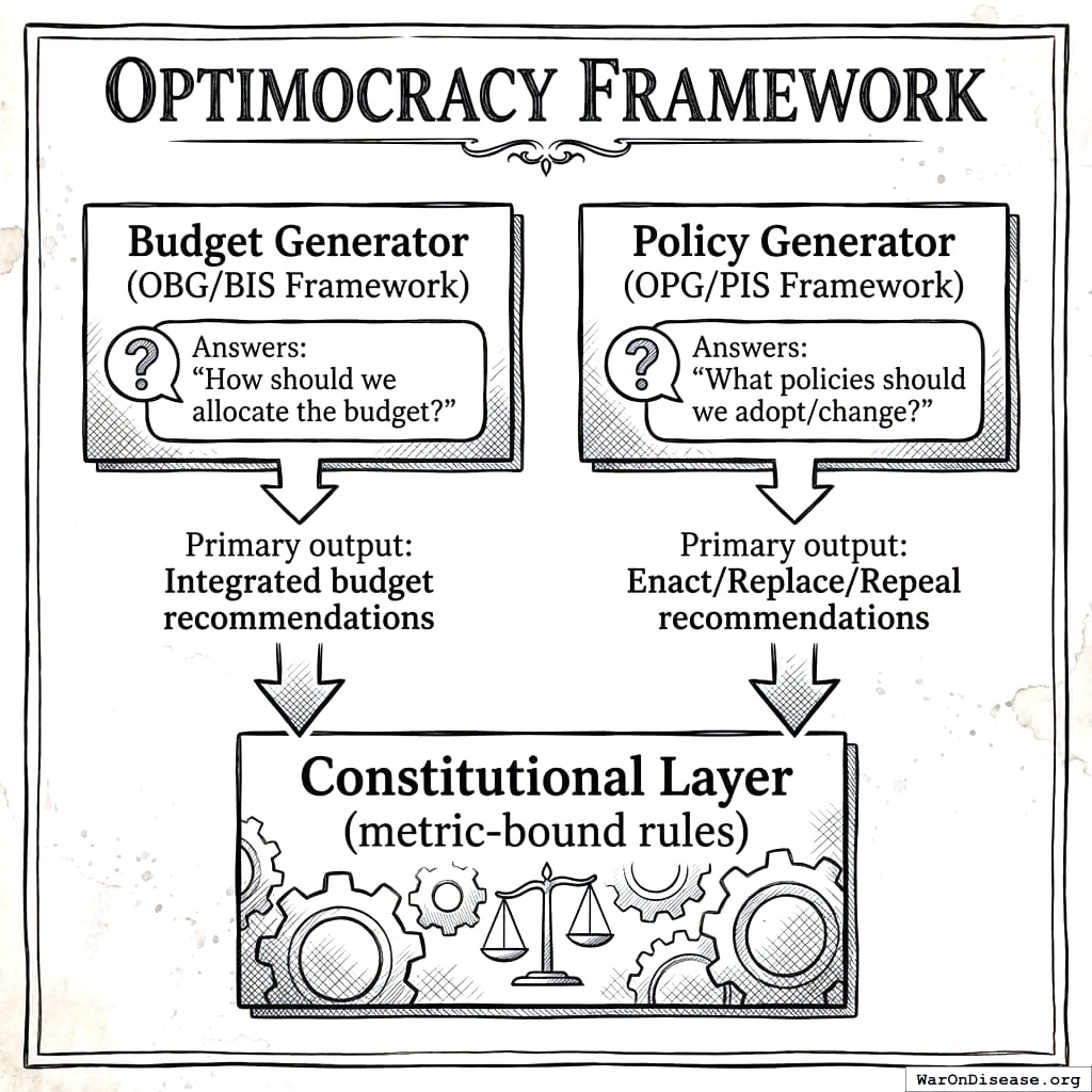 Budget generator and policy generator both feed into constitutional rules. It’s checks and balances, but the checks can do maths.
