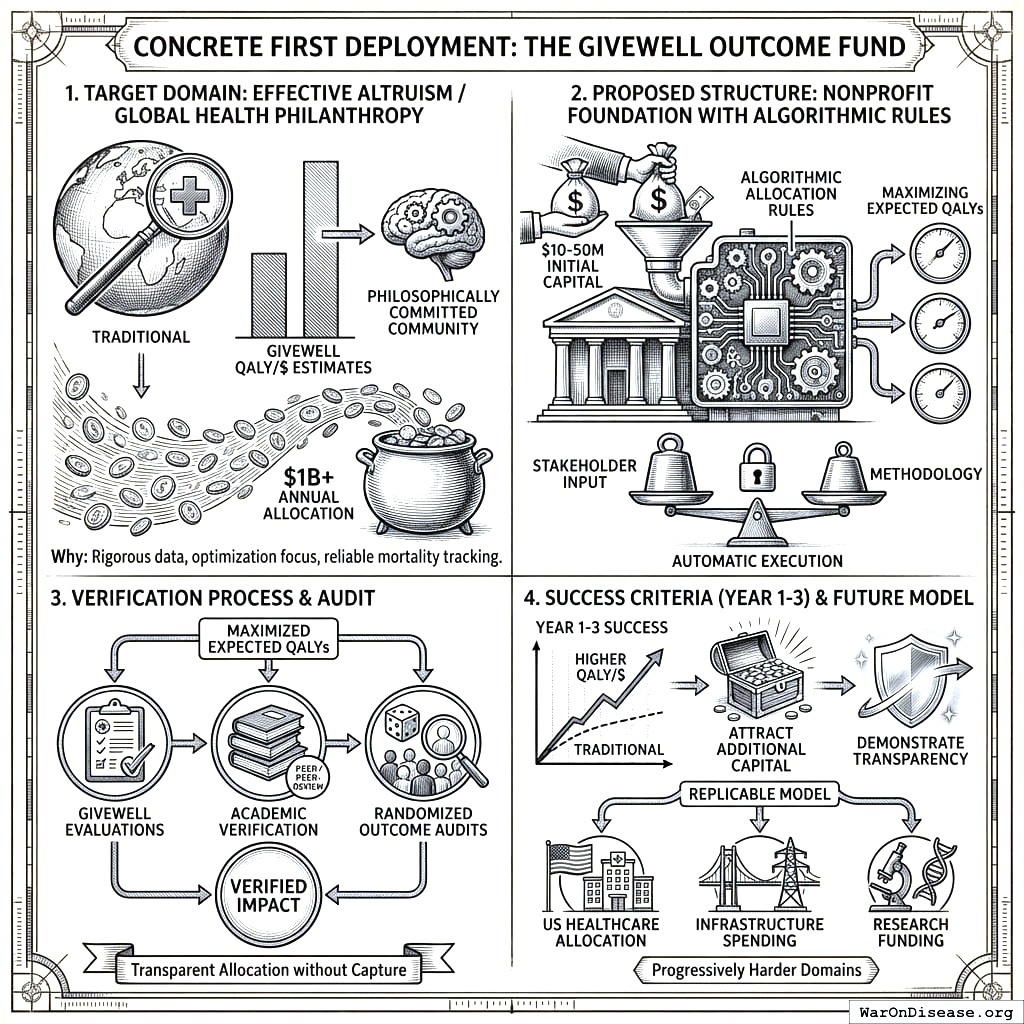 The GiveWell Outcome Fund’s workflow. Money goes in, algorithm does maths, outcomes come out. Like a vending machine, but for saving lives instead of dispensing crisps.