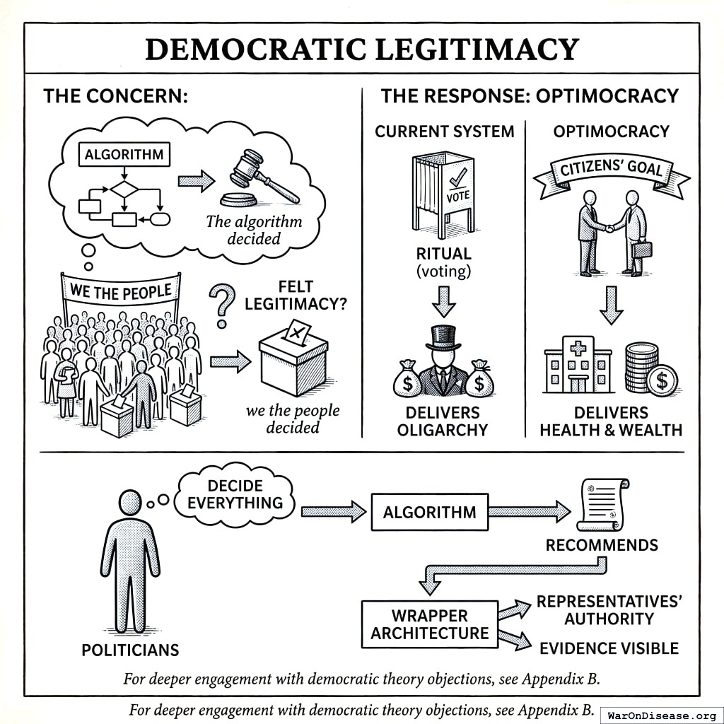 Citizens pick the goals. Algorithms suggest the methods. Politicians officially approve them. Democracy, but with training wheels made of evidence.