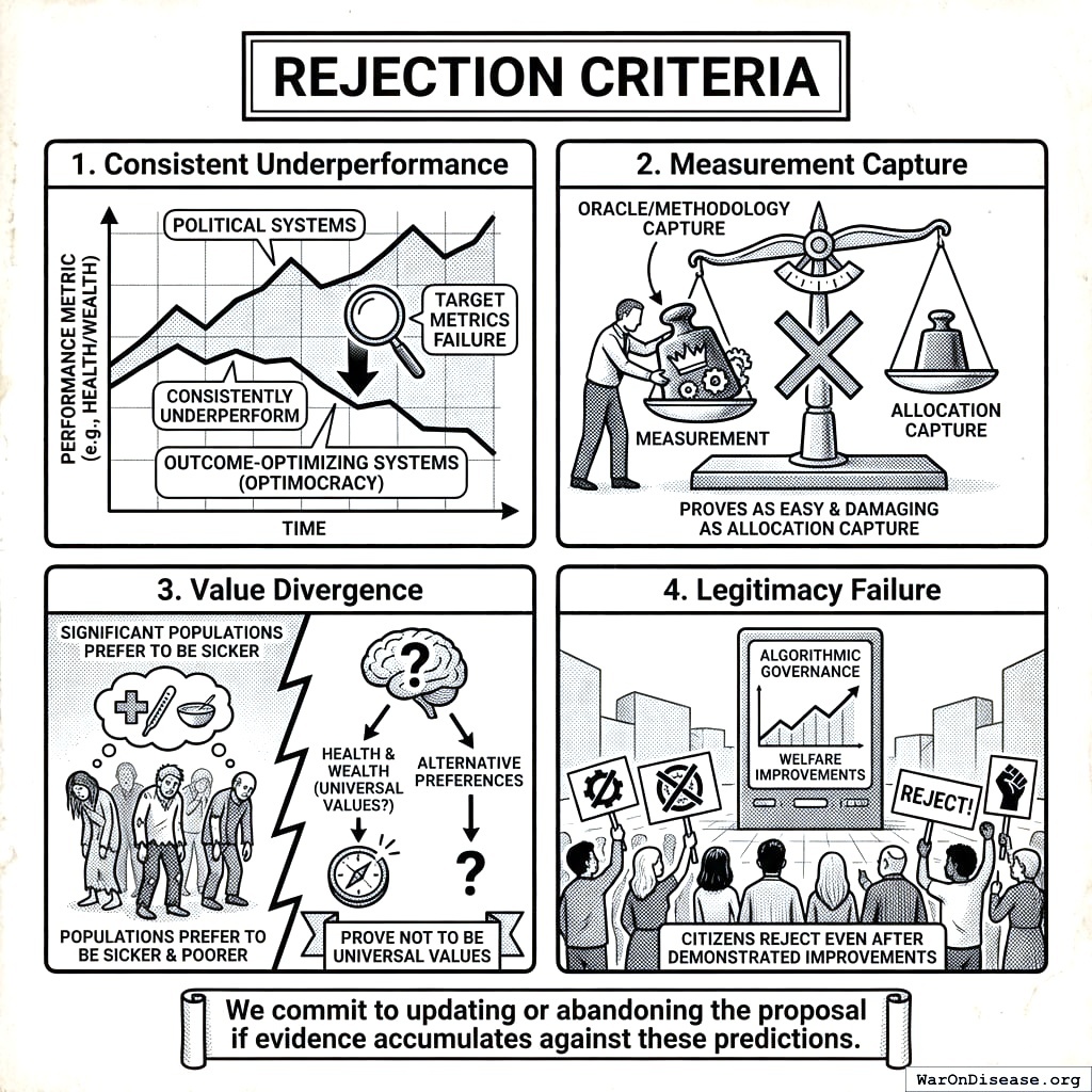 Four ways Optimocracy could fail: it doesn’t work, it gets corrupted, it optimizes for terrible things, or people hate it anyway. Science, but pessimistic.