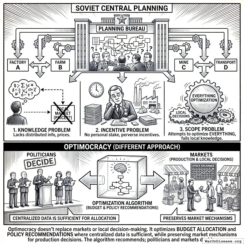 Soviet Central Planning told everyone what to make. Optimocracy tells governments how to spend, then lets the market do market things. It’s the difference between controlling everything badly and controlling one thing well.