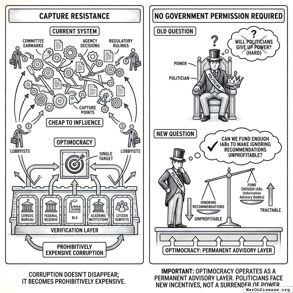 A comparison between the current fragmented system of thousands of lobbyist capture points and Optimocracy’s consolidated verification layer protected by multiple independent data sources.