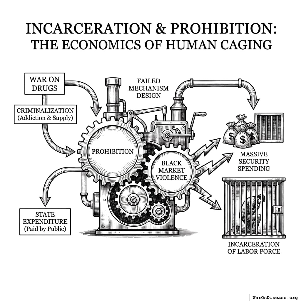 You banned drugs, which created criminals, so you built prisons, which cost money, so you raised taxes, which you spent on more prisons. The circle of life, but stupid.